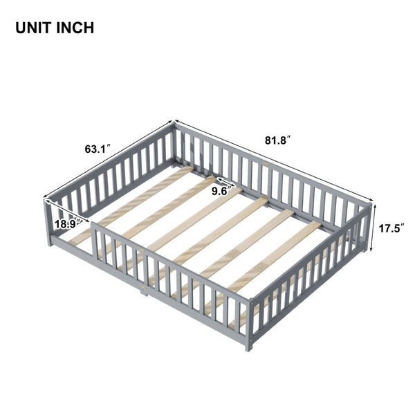 English Elm Queen Floor Bed Solid Rubberwood Frame with Safety Guardrails for Kids Toddler Sleep Grey W504P473677