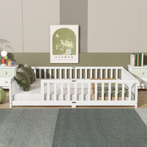 English Elm Queen Floor Bed Solid Rubberwood Frame with Safety Guardrails for Kids Toddler Sleep White W504P473678