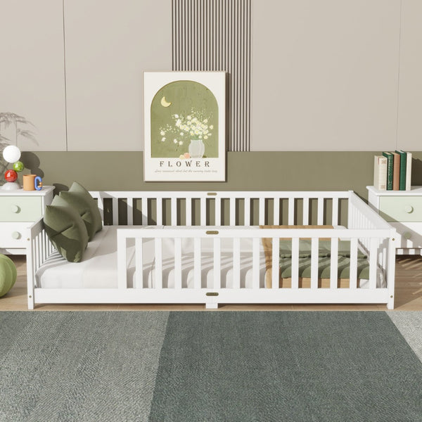 English Elm Queen Floor Bed Solid Rubberwood Frame with Safety Guardrails for Kids Toddler Sleep White W504P473678