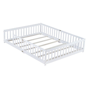 English Elm Queen Floor Bed Solid Rubberwood Frame with Safety Guardrails for Kids Toddler Sleep White W504P473678