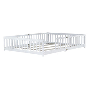 English Elm Queen Floor Bed Solid Rubberwood Frame with Safety Guardrails for Kids Toddler Sleep White W504P473678