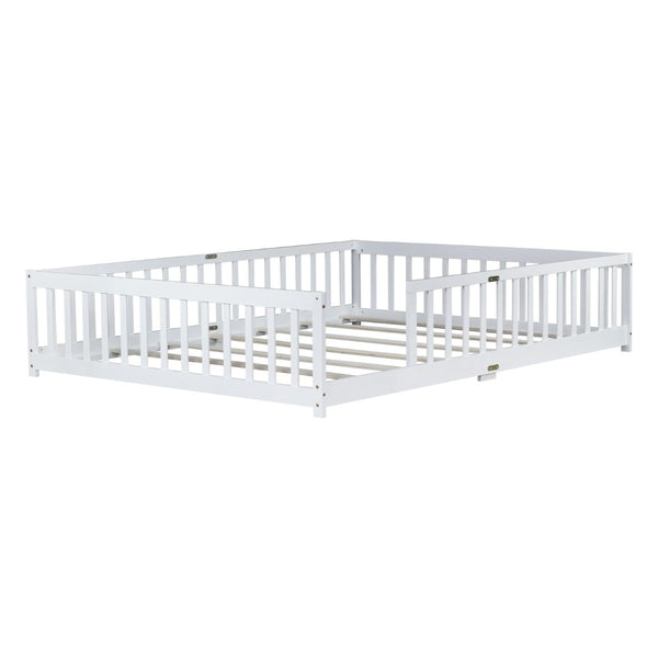 English Elm Queen Floor Bed Solid Rubberwood Frame with Safety Guardrails for Kids Toddler Sleep White W504P473678