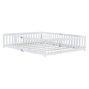 English Elm Queen Floor Bed Solid Rubberwood Frame with Safety Guardrails for Kids Toddler Sleep White W504P473678