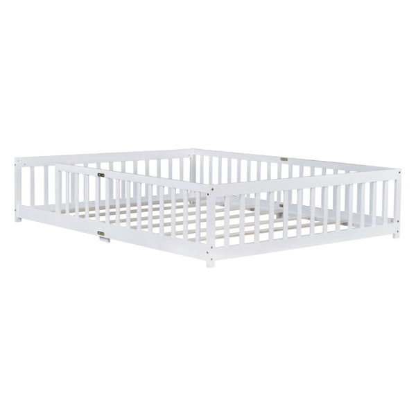 English Elm Queen Floor Bed Solid Rubberwood Frame with Safety Guardrails for Kids Toddler Sleep White W504P473678