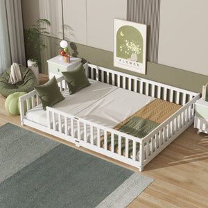 English Elm Queen Floor Bed Solid Rubberwood Frame with Safety Guardrails for Kids Toddler Sleep White W504P473678