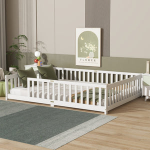 English Elm Queen Floor Bed Solid Rubberwood Frame with Safety Guardrails for Kids Toddler Sleep White W504P473678