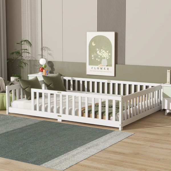 English Elm Queen Floor Bed Solid Rubberwood Frame with Safety Guardrails for Kids Toddler Sleep White W504P473678