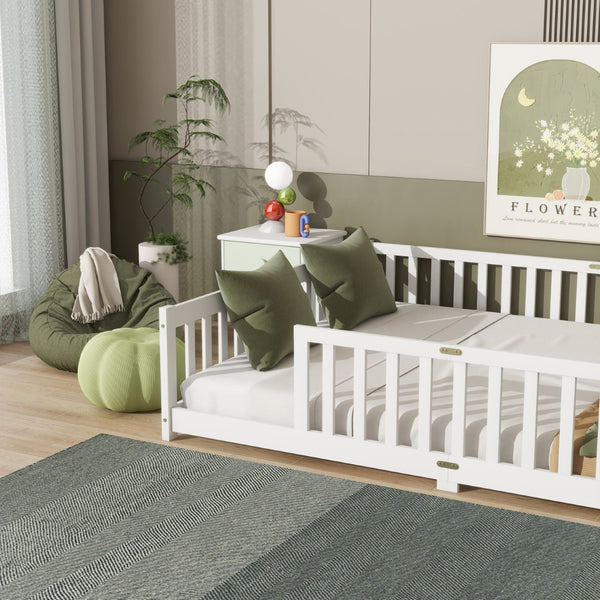 English Elm Queen Floor Bed Solid Rubberwood Frame with Safety Guardrails for Kids Toddler Sleep White W504P473678