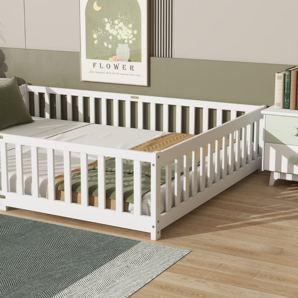English Elm Queen Floor Bed Solid Rubberwood Frame with Safety Guardrails for Kids Toddler Sleep White W504P473678