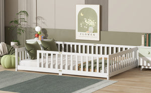 English Elm Queen Floor Bed Solid Rubberwood Frame with Safety Guardrails for Kids Toddler Sleep White W504P473678