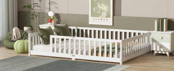 English Elm Queen Floor Bed Solid Rubberwood Frame with Safety Guardrails for Kids Toddler Sleep White W504P473678