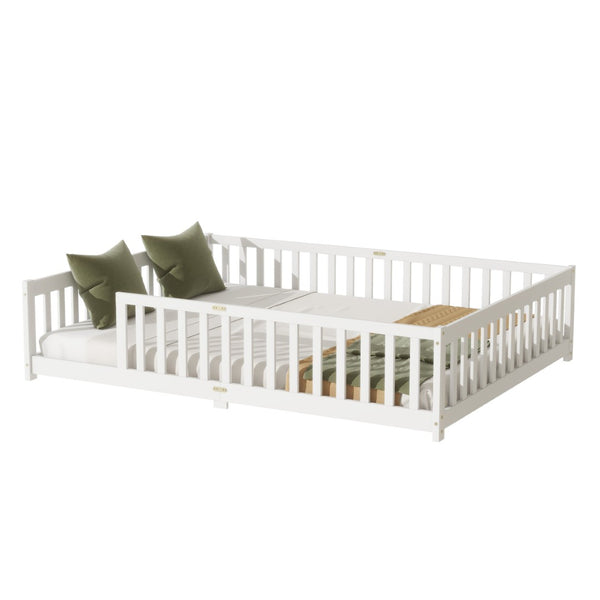 English Elm Queen Floor Bed Solid Rubberwood Frame with Safety Guardrails for Kids Toddler Sleep White W504P473678