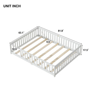 English Elm Queen Floor Bed Solid Rubberwood Frame with Safety Guardrails for Kids Toddler Sleep White W504P473678