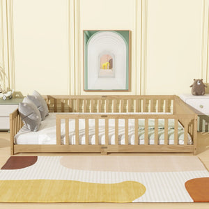 English Elm Queen Floor Bed Solid Rubberwood Frame with Safety Guardrails for Kids Toddler Sleep W504P473679
