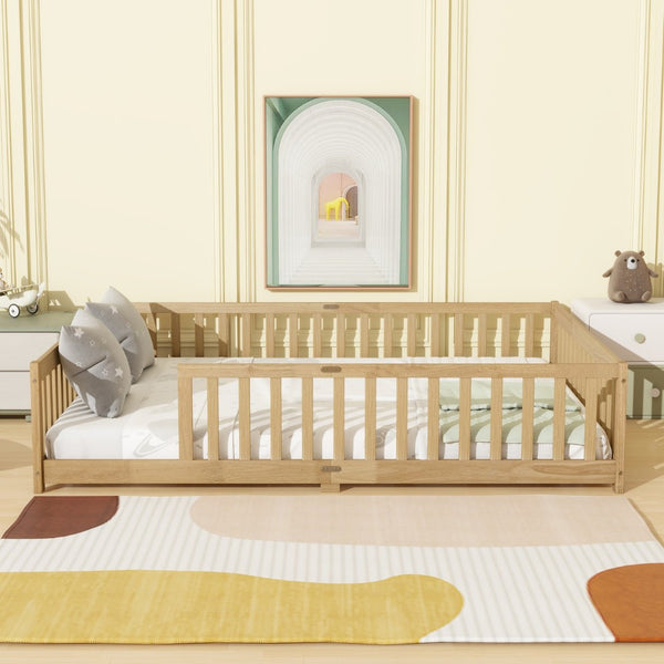 English Elm Queen Floor Bed Solid Rubberwood Frame with Safety Guardrails for Kids Toddler Sleep W504P473679