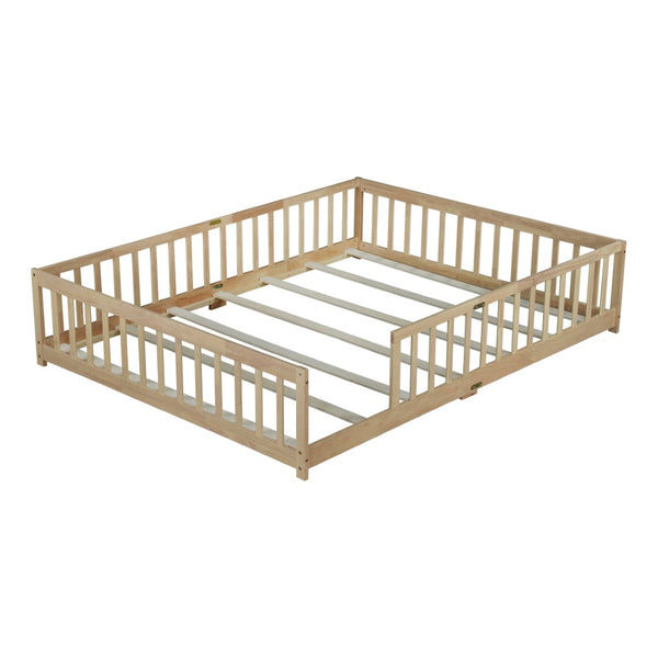 English Elm Queen Floor Bed Solid Rubberwood Frame with Safety Guardrails for Kids Toddler Sleep W504P473679