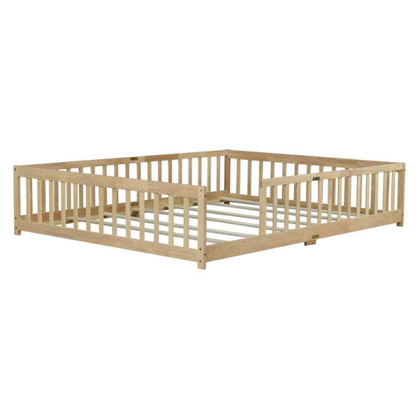 English Elm Queen Floor Bed Solid Rubberwood Frame with Safety Guardrails for Kids Toddler Sleep W504P473679