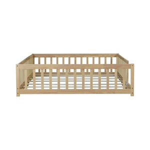 English Elm Queen Floor Bed Solid Rubberwood Frame with Safety Guardrails for Kids Toddler Sleep W504P473679