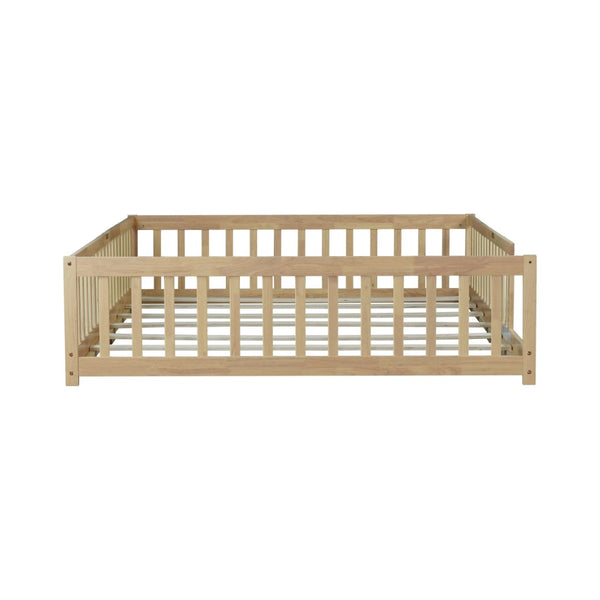 English Elm Queen Floor Bed Solid Rubberwood Frame with Safety Guardrails for Kids Toddler Sleep W504P473679