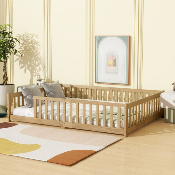 English Elm Queen Floor Bed Solid Rubberwood Frame with Safety Guardrails for Kids Toddler Sleep W504P473679