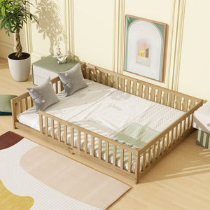 English Elm Queen Floor Bed Solid Rubberwood Frame with Safety Guardrails for Kids Toddler Sleep W504P473679