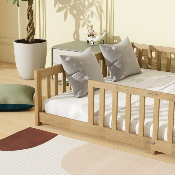 English Elm Queen Floor Bed Solid Rubberwood Frame with Safety Guardrails for Kids Toddler Sleep W504P473679