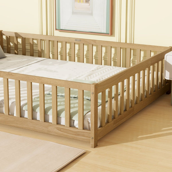 English Elm Queen Floor Bed Solid Rubberwood Frame with Safety Guardrails for Kids Toddler Sleep W504P473679