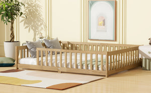 English Elm Queen Floor Bed Solid Rubberwood Frame with Safety Guardrails for Kids Toddler Sleep W504P473679