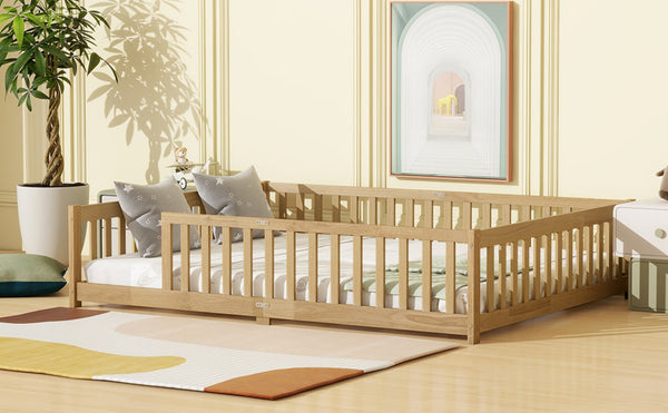 English Elm Queen Floor Bed Solid Rubberwood Frame with Safety Guardrails for Kids Toddler Sleep W504P473679