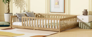 English Elm Queen Floor Bed Solid Rubberwood Frame with Safety Guardrails for Kids Toddler Sleep W504P473679