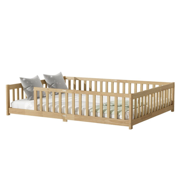 English Elm Queen Floor Bed Solid Rubberwood Frame with Safety Guardrails for Kids Toddler Sleep W504P473679