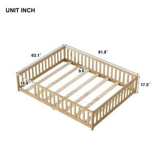 English Elm Queen Floor Bed Solid Rubberwood Frame with Safety Guardrails for Kids Toddler Sleep W504P473679
