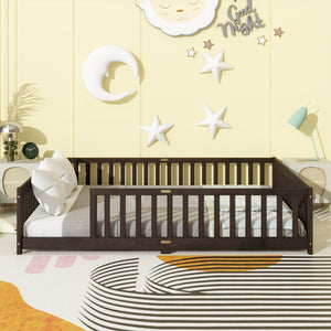 English Elm Queen Floor Bed Solid Rubberwood Frame with Safety Guardrails for Kids Toddler Sleep Espresso W504P473680