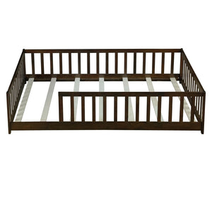 English Elm Queen Floor Bed Solid Rubberwood Frame with Safety Guardrails for Kids Toddler Sleep Espresso W504P473680
