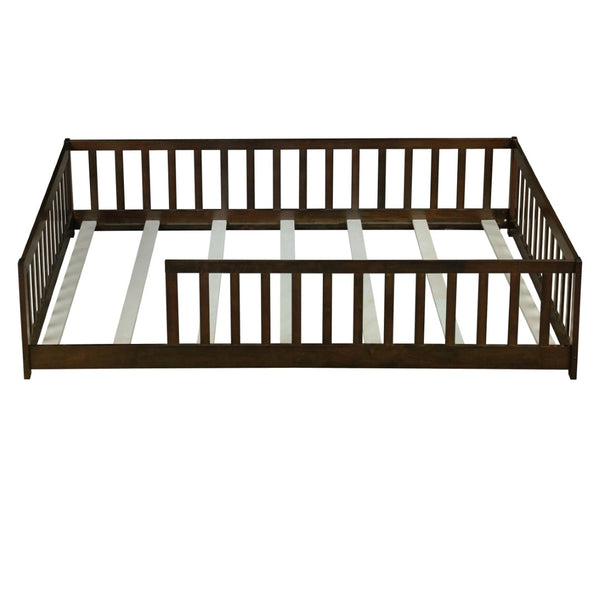 English Elm Queen Floor Bed Solid Rubberwood Frame with Safety Guardrails for Kids Toddler Sleep Espresso W504P473680