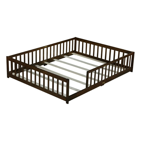 English Elm Queen Floor Bed Solid Rubberwood Frame with Safety Guardrails for Kids Toddler Sleep Espresso W504P473680