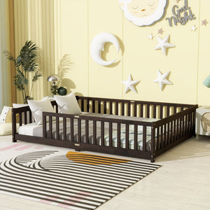 English Elm Queen Floor Bed Solid Rubberwood Frame with Safety Guardrails for Kids Toddler Sleep Espresso W504P473680