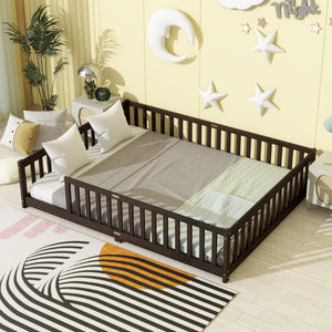 English Elm Queen Floor Bed Solid Rubberwood Frame with Safety Guardrails for Kids Toddler Sleep Espresso W504P473680