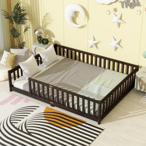 English Elm Queen Floor Bed Solid Rubberwood Frame with Safety Guardrails for Kids Toddler Sleep Espresso W504P473680