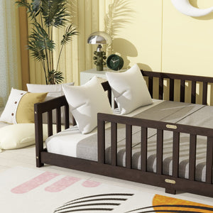 English Elm Queen Floor Bed Solid Rubberwood Frame with Safety Guardrails for Kids Toddler Sleep Espresso W504P473680