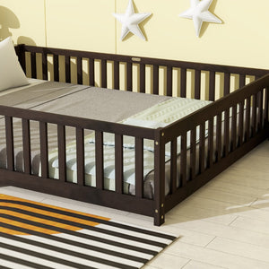 English Elm Queen Floor Bed Solid Rubberwood Frame with Safety Guardrails for Kids Toddler Sleep Espresso W504P473680