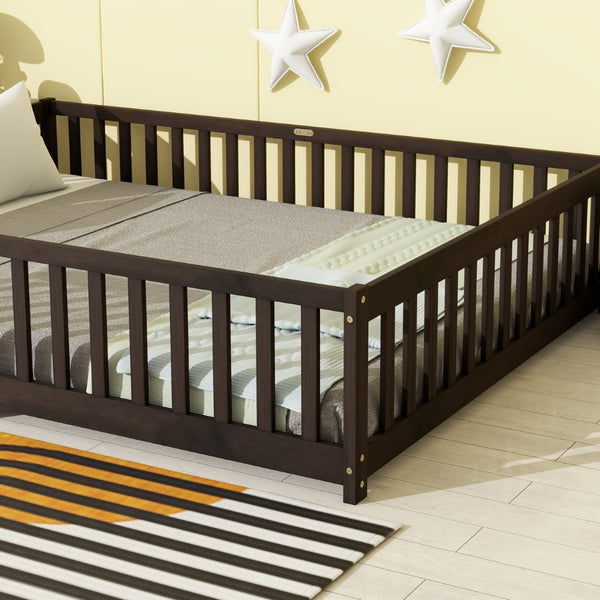 English Elm Queen Floor Bed Solid Rubberwood Frame with Safety Guardrails for Kids Toddler Sleep Espresso W504P473680