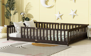 English Elm Queen Floor Bed Solid Rubberwood Frame with Safety Guardrails for Kids Toddler Sleep Espresso W504P473680