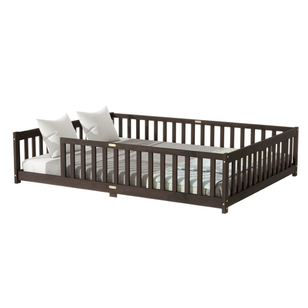 English Elm Queen Floor Bed Solid Rubberwood Frame with Safety Guardrails for Kids Toddler Sleep Espresso W504P473680
