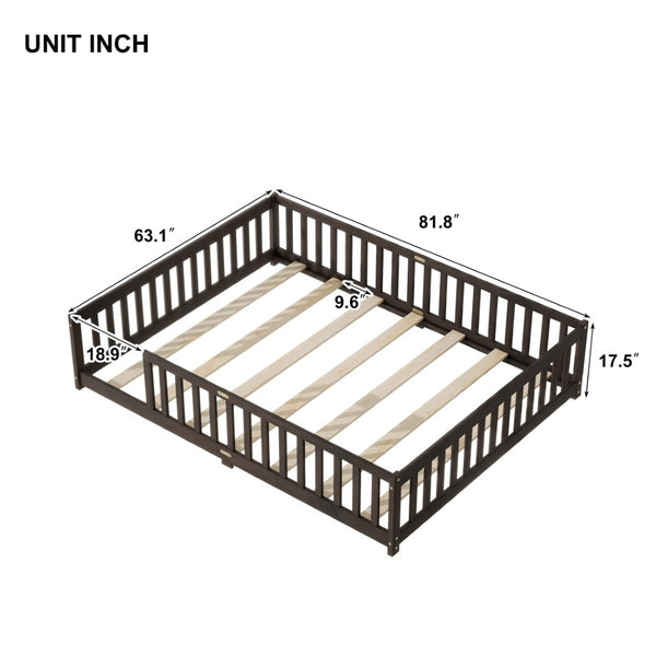 English Elm Queen Floor Bed Solid Rubberwood Frame with Safety Guardrails for Kids Toddler Sleep Espresso W504P473680