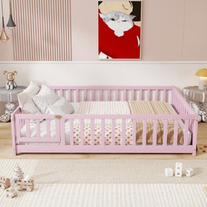 English Elm Full Size Rubberwood Floor Bed with Fence Gate and Safe Platform for Kids Room W504P482173