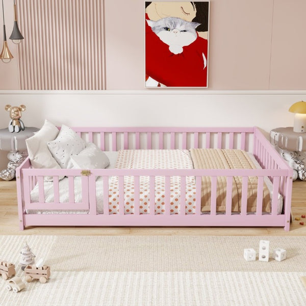 English Elm Full Size Rubberwood Floor Bed with Fence Gate and Safe Platform for Kids Room W504P482173