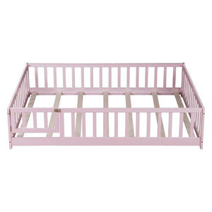 English Elm Full Size Rubberwood Floor Bed with Fence Gate and Safe Platform for Kids Room W504P482173