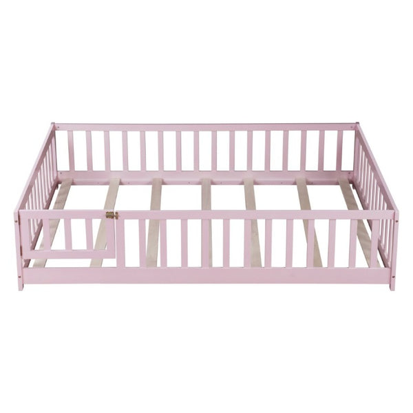 English Elm Full Size Rubberwood Floor Bed with Fence Gate and Safe Platform for Kids Room W504P482173