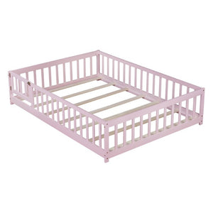 English Elm Full Size Rubberwood Floor Bed with Fence Gate and Safe Platform for Kids Room W504P482173